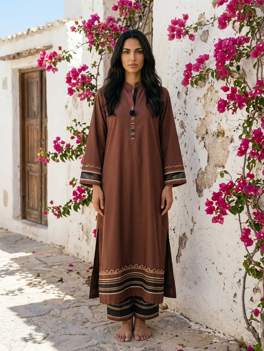 CALLIGRAPHY Coco Brown KAFTAN SET 2pc– Premium Matt Silk Edition