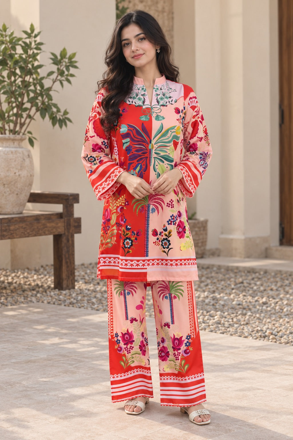 ETHNC INSPIRED — PREMIUM SUMMER SILK 2 PIECE SUIT 🌸 Red & Peach