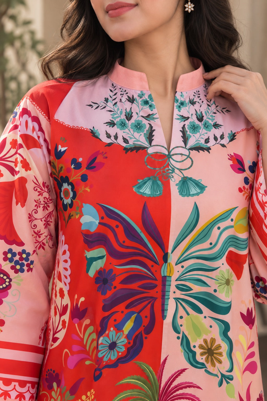 ETHNC INSPIRED — PREMIUM SUMMER SILK 2 PIECE SUIT 🌸 Red & Peach
