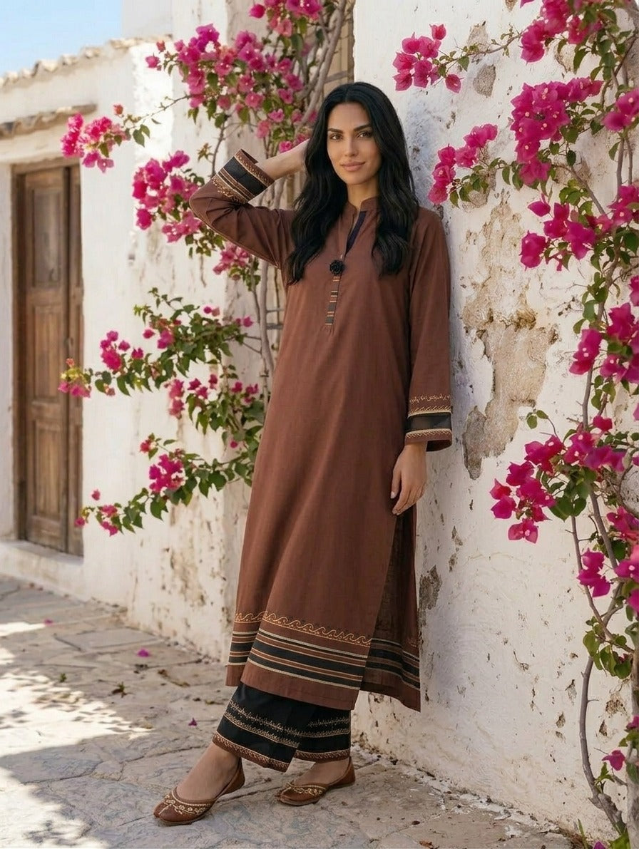 CALLIGRAPHY Coco Brown KAFTAN SET 2pc– Premium Matt Silk Edition