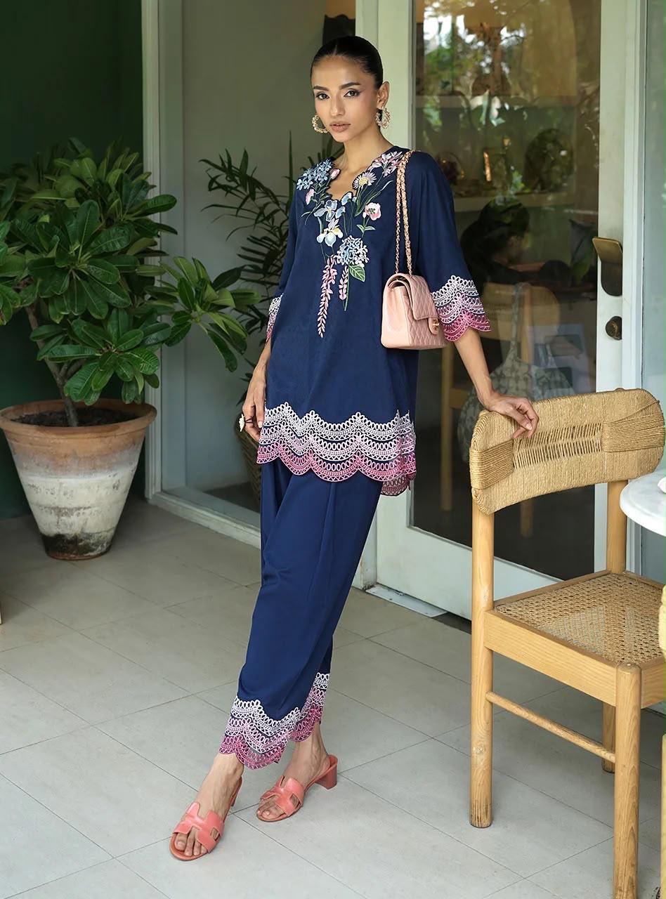 ZAINAB CHOTTANI INSPIRED FREESIA EMB 2 PIECE SUIT (NAVY BLUE)