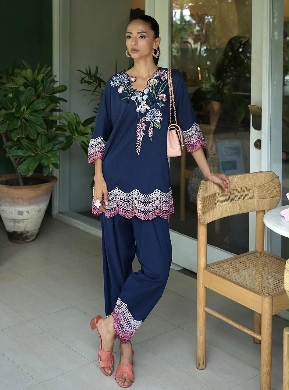 ZAINAB CHOTTANI INSPIRED FREESIA EMB 2 PIECE SUIT (NAVY BLUE)