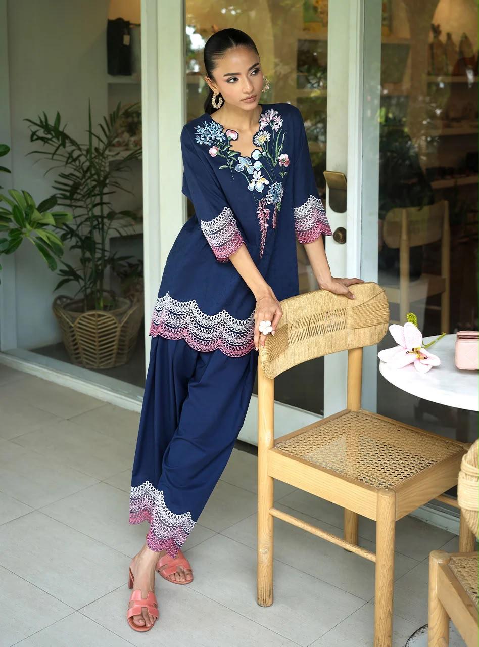 ZAINAB CHOTTANI INSPIRED FREESIA EMB 2 PIECE SUIT (NAVY BLUE)