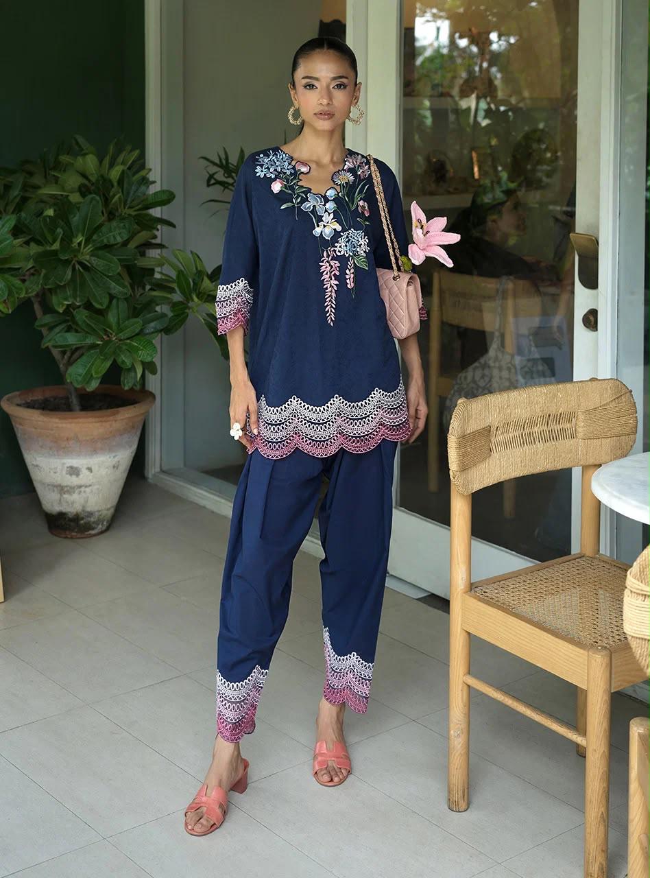 ZAINAB CHOTTANI INSPIRED FREESIA EMB 2 PIECE SUIT (NAVY BLUE)