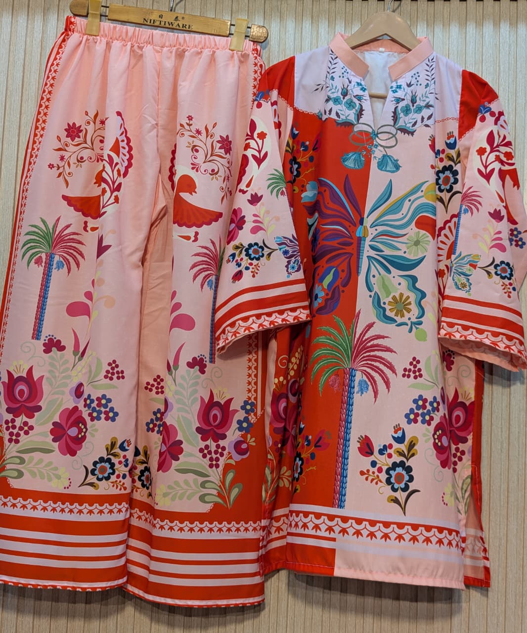 ETHNC INSPIRED — PREMIUM SUMMER SILK 2 PIECE SUIT 🌸 Red & Peach
