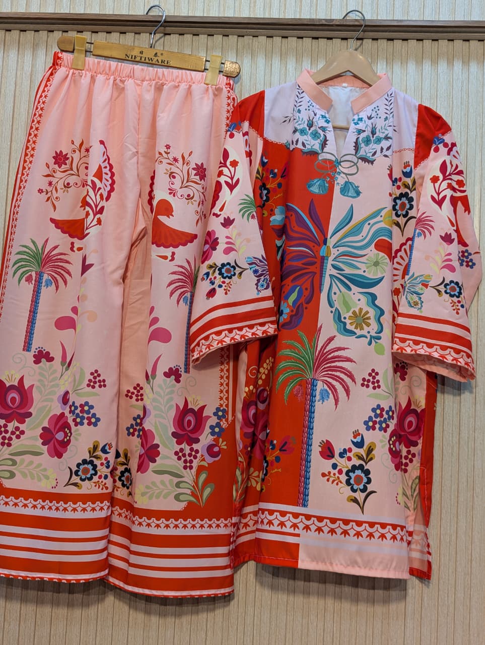 ETHNC INSPIRED — PREMIUM SUMMER SILK 2 PIECE SUIT 🌸 Red & Peach